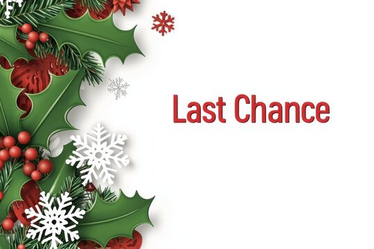 Last Chance Christmas Sale Banner Concept.  A festive design featuring holly leaves, red berries, and snowflakes with "Last Chance" prominently displayed in bold text