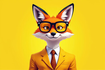 Obraz premium A stylized anthropomorphic fox with oversized glasses, and a bright yellow suit jacket against a solid yellow background, showcasing its neutral expression and modern aesthetic.