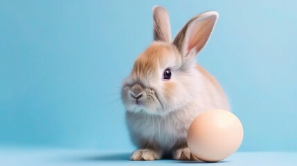 Obraz premium Adorable Rabbit with a Soft Egg on Blue Background