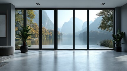 Fototapeta premium A modern double-paned window with frosted glass and sleek black frames, set on a clean background.