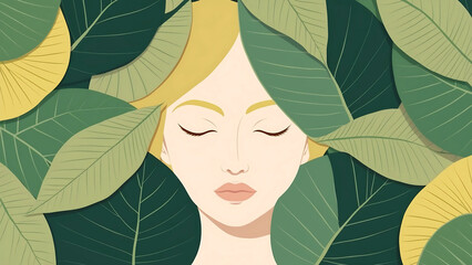 A digital illustration featuring a serene and stylized depiction of a woman's face surrounded by lush, overlapping leaves.