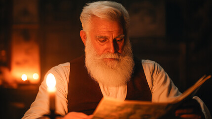 elderly man with white beard reading map by candlelight, creating warm and nostalgic atmosphere in his workshop