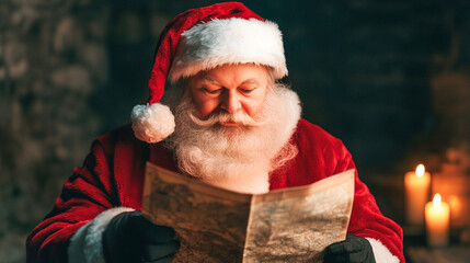 Santa reading map by candlelight in his workshop, creating warm and festive atmosphere. scene captures essence of holiday preparation and magic in Christmas New Year