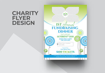  Annual Fundraising Dinner Flyer Vector Template Design. Charity Leaflet Design