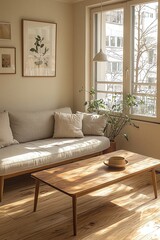 Fototapeta premium Minimalist, Scandinavian interiors in the living room of a house with windows visible and sofas. Generative AI 