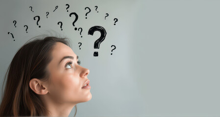 A woman's face is depicted in a light grey background, with curious expressions with hand drawn question marks upon her head.