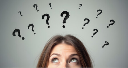 A woman's face is depicted in a light grey background, with curious expressions with hand drawn question marks upon her head.