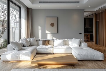 Minimalist, Scandinavian interiors in the living room of a house with windows visible and sofas. Generative AI
