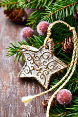 Christmas decoration on rustic wooden background. Close up.	