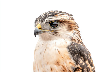 Obraz premium close up of hawk with striking features, showcasing its sharp beak and intense eyes. bird plumage displays mix of browns and whites, emphasizing its majestic presence