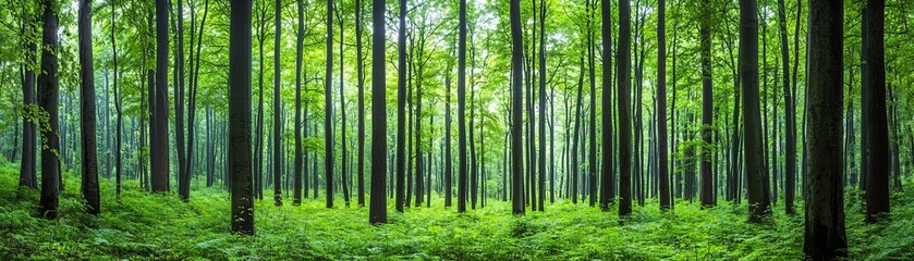 Fototapeta premium Lush forest background with soft sunlight and vibrant green tones