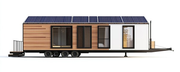 modern brown and white trailer house with solar panel technology isolated on white background 