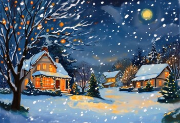 Naklejka premium Weihnachtliche Dorfidylle mit schneebedeckten Häusern, beleuchtetem Weihnachtsbaum und friedlicher Winternacht – perfekt für eine stimmungsvolle Grußkarte. Generative KI 