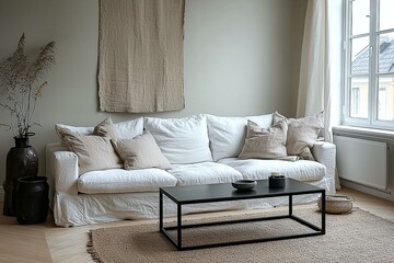 Minimalist, a living room photo of a combination of Scandinavian interiors and mid century modern interiors with sofas and tables. Generative AI
