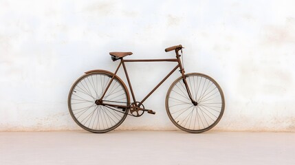 Fototapeta premium Vintage bicycle leaning against an aged wall, showcasing rustic charm, timeless design, and a nostalgic atmosphere in a quiet outdoor setting