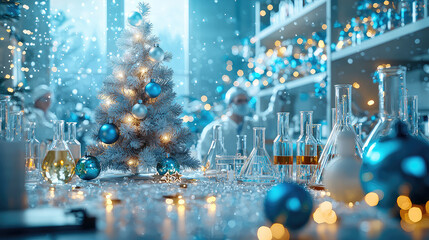 Festive laboratory scene with a scientist working during holiday with Christmas tree and colorful decorations