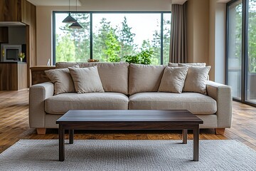 Fototapeta premium A minimalist, window-viewed living room with sofa and black cafe table. A living room with a combination of Scandinavian and Mid century Modern interiors. Generative AI 
