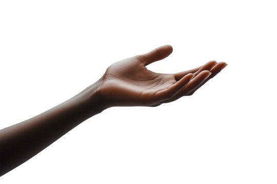 Photorealistic outstretched palm with brown skin tone, dramatic lighting, clean lines, smooth texture, and conceptual gesture of offering or receiving, 8K resolution, elegant hand photography