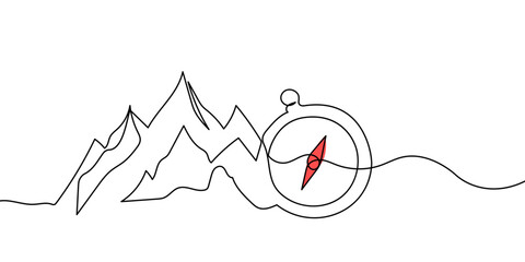 One continuous line drawing of traveller compass. Old navigate and adventure symbol in simple linear style. Business strategy and adventure concept in editable stroke. Banner vector illustration
