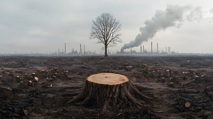Deforestation impacts cut-down trees in the foreground and industrial machinery in the background, highlighting environmental damage caused by logging and industrial expansion.