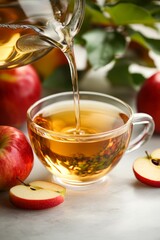 Pouring Apple Tea. Glass Cup of Hot Fruit Tea with Slices of Ripe Apples. Autumn Warm Drink.
