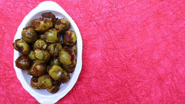 Topview of Fragrant Manjack, Gunda, Lasooda, vegetable sabji stuffed with masala