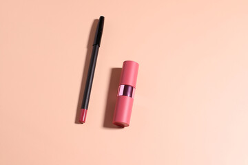 Lip make up cosmetic, lipstick and pencil, minimalistic style, beauty concept
