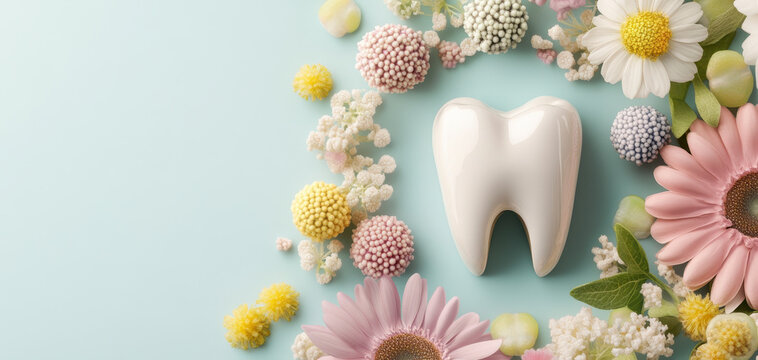 dental tooth model surrounded by colorful flowers on light blue background, symbolizing dental care and health. vibrant arrangement evokes sense of freshness and well being