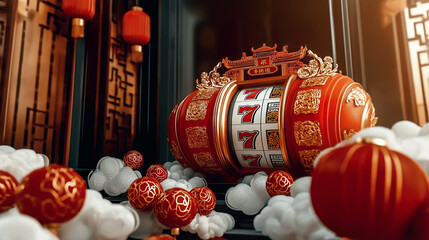 A vibrant 3D render of a casino gambling machine with chinese decoration