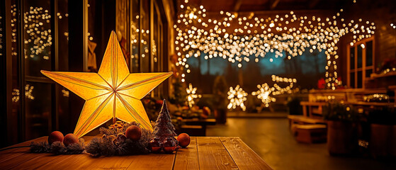 Cozy holiday scene with glowing star decoration and festive string lights.