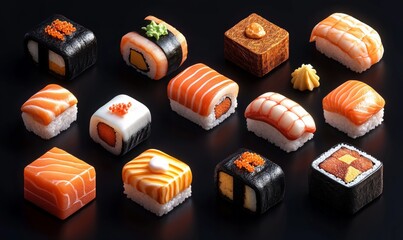 Isometric sushi nigiri with shrimp and soy sauce, Japanese fine dining, 3D icon set
