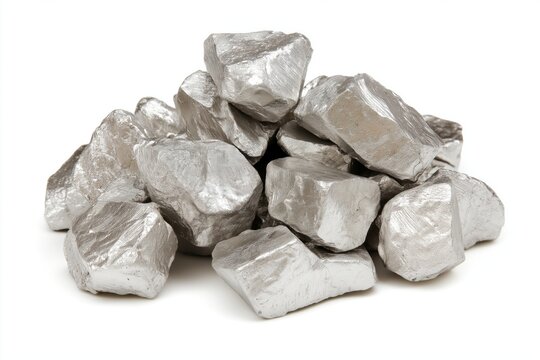 Pile of raw zinc mineral stones with metallic surface texture. Studio shot on white background.