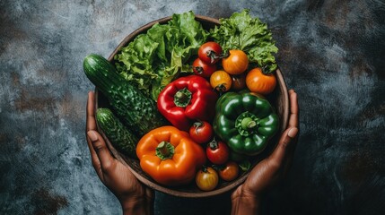 Vibrant fresh vegetables in wooden bowl held by african american hands