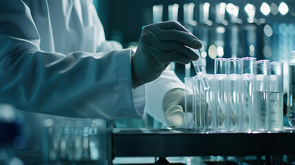 Close up of hand holding test tube and scientist doing water probe at industrial site