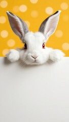 Obraz premium A white rabbit with large ears over a blank copy space white sign, set against a vibrant yellow bokeh background. Easter template background