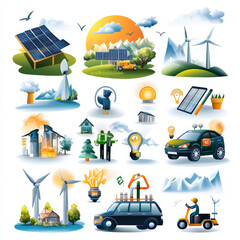 Obraz premium Innovative renewable energy concepts are depicted in this vibrant illustration, showcasing solar panels, wind turbines, and eco friendly vehicles. imagery conveys hopeful vision for sustainable