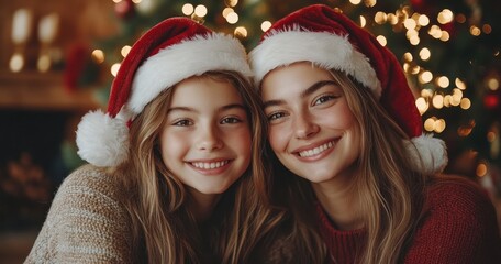 Happy mother and daughter in Santa hats celebrating Christmas together with joy and love