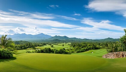 Obraz premium Scenic Green Golf Course Panorama, Featuring Lush Palm Trees, Majestic Mountains, And An Azure Sky