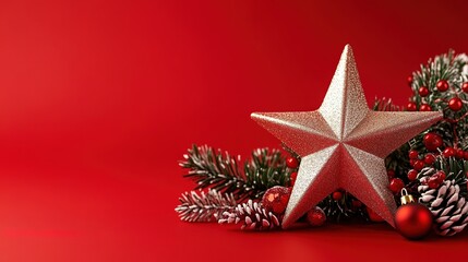 Silver star with pine branches on red background