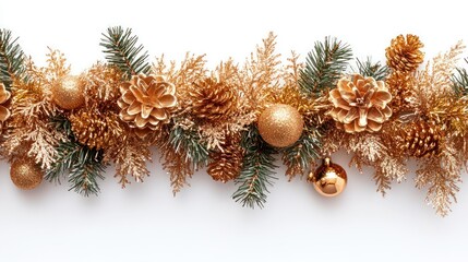 A shimmering gold tinsel garland with glittering edges, arranged on a clean white background.