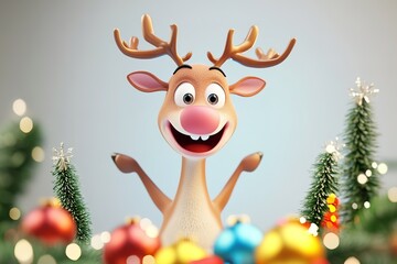 Fototapeta premium Happy reindeer with Christmas balls and trees