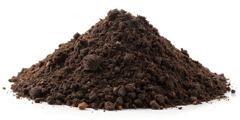 High Depth of Field Image of a Pile of Rich, Dark Dirt Soil Isolated on a Clean White Background for Gardening, Landscaping, and Environmental Concepts