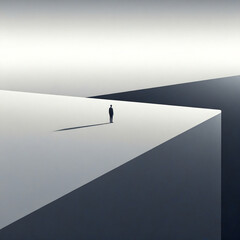 A striking minimalist illustration with a surreal approach, featuring a solitary figure in a flat, 1D world. The figure, represented by a simple black line, stands in an empty space