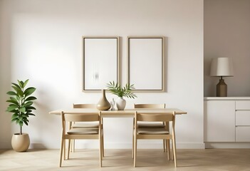 Fototapeta premium A minimalist dining room with a wooden table and chairs, two empty frames on the wall, and some decorative items on the table.