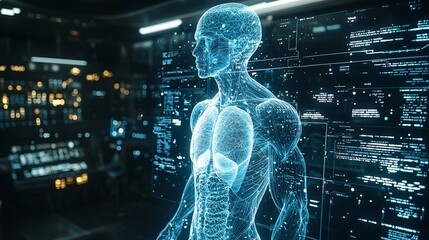 Futuristic 3D Holographic Projection of Human Body with Glowing Blue Internal Organs and Advanced Anatomy Interface Visualization