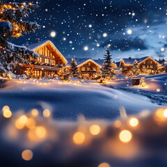 Fototapeta premium serene snow covered Christmas village scene with twinkling lights illuminating cozy cabins and trees, creating magical winter atmosphere