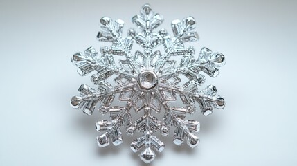 Fototapeta premium A shimmering silver snowflake decoration with delicate patterns, standing out on a white background.