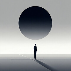 Obraz premium A striking minimalist illustration with a surreal approach, featuring a solitary figure in a flat, 1D world. The figure, represented by a simple black line, stands in an empty space