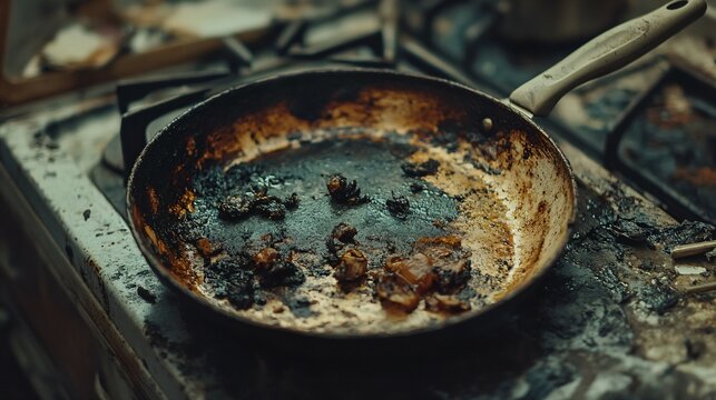 Dirty frying pan with burnt remnants , cooking, kitchen, utensil, greasy, stained, used, grime, food residue - Powered by Adobe