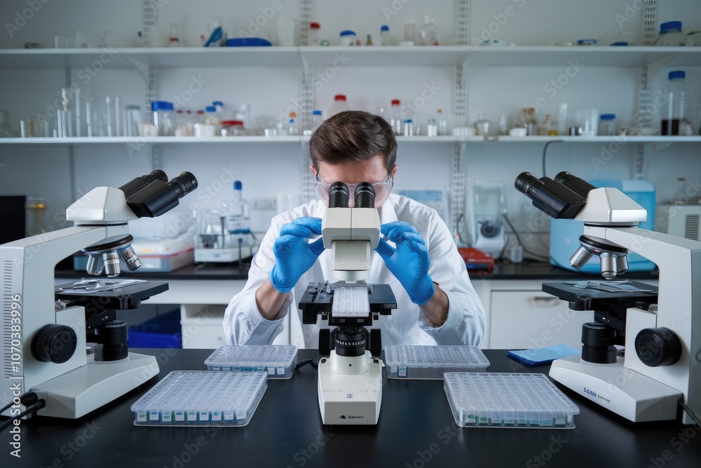 Poster Scientist using microscope examining samples in laboratory researching new medicine
